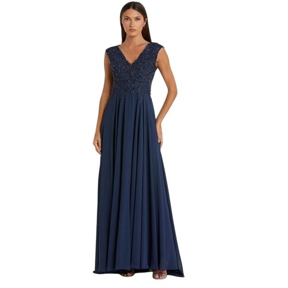 MAC DUGGAL Dress Size 10 Evening Gown Sequin Navy Blue Applique Cap Sleeve - Picture 1 of 8